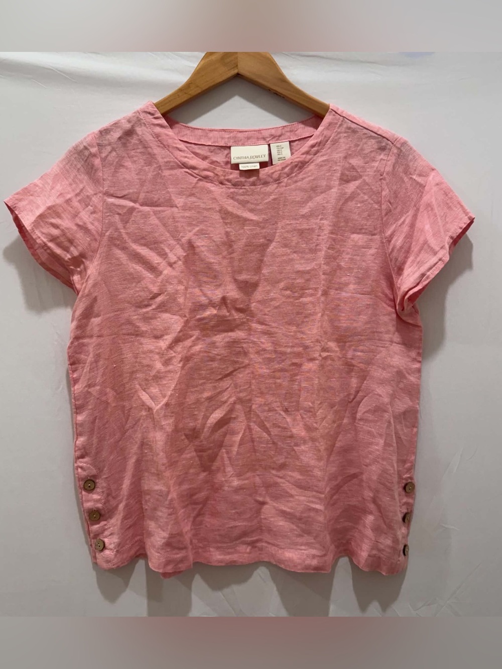 Cynthia Rowley Rose Pink Short-Sleeve 100% Linen Tee with Side Buttons Women's S